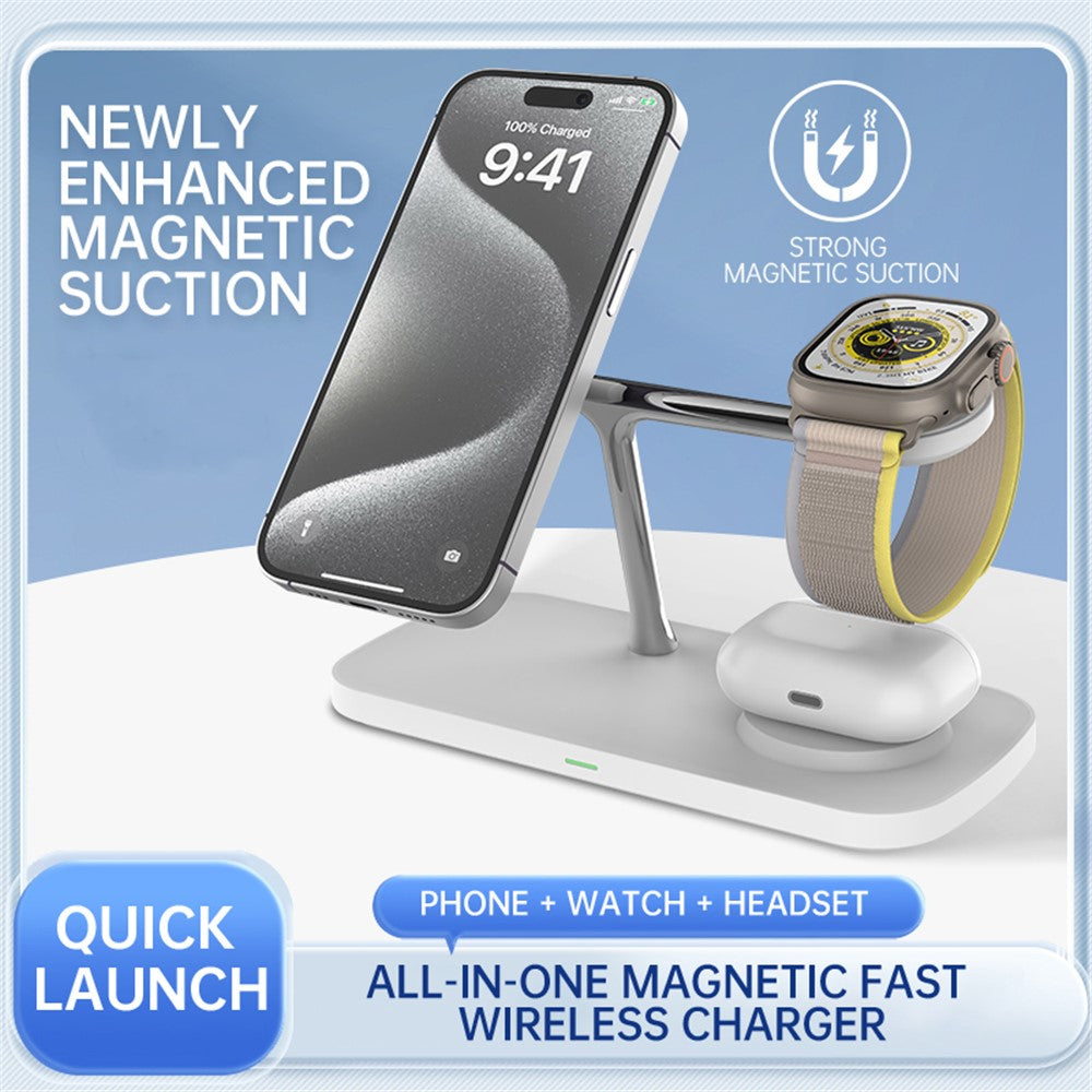 Fast Charger for Both iPhone and Samsung, Apple Watch & Earbuds - Qi2 15W 3-in-1 Magnetic Wireless Charging Stand
