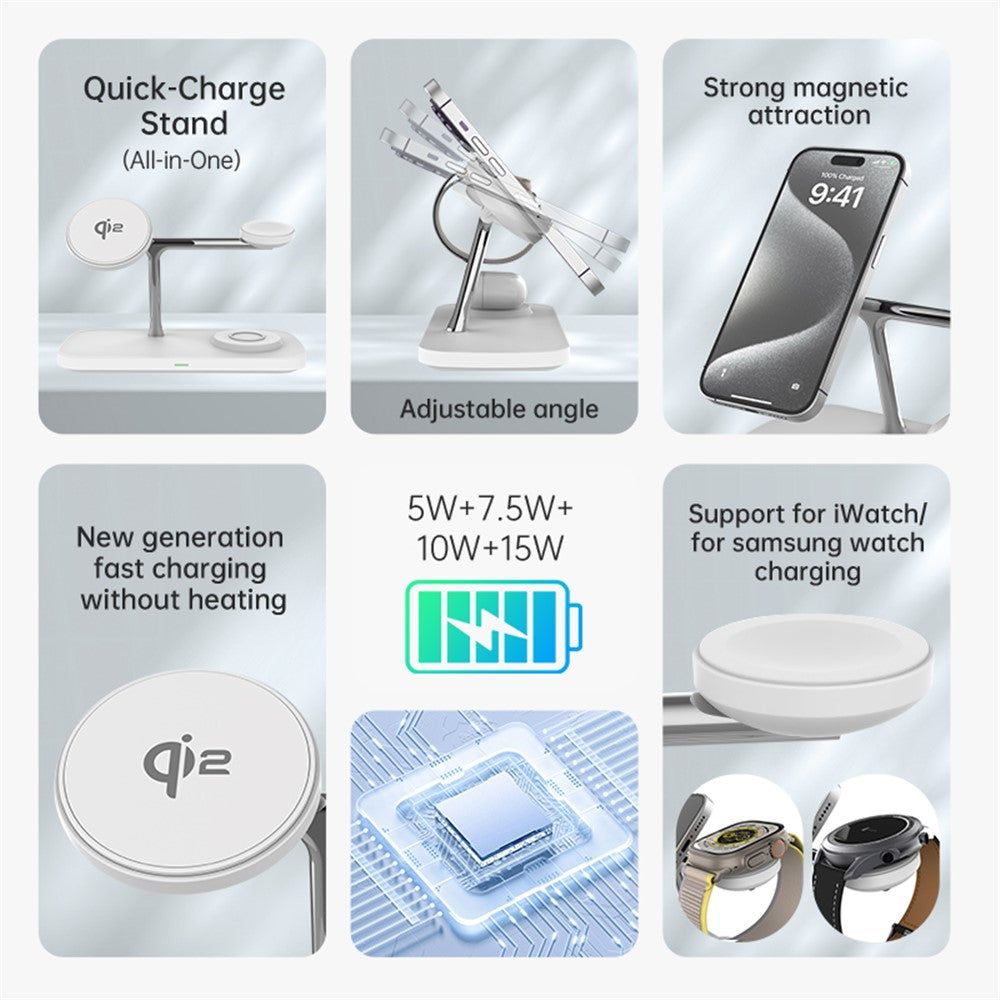 Fast Charger for Both iPhone and Samsung, Apple Watch & Earbuds - Qi2 15W 3-in-1 Magnetic Wireless Charging Stand