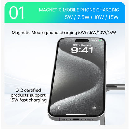 Fast Charger for Both iPhone and Samsung, Apple Watch & Earbuds - Qi2 15W 3-in-1 Magnetic Wireless Charging Stand