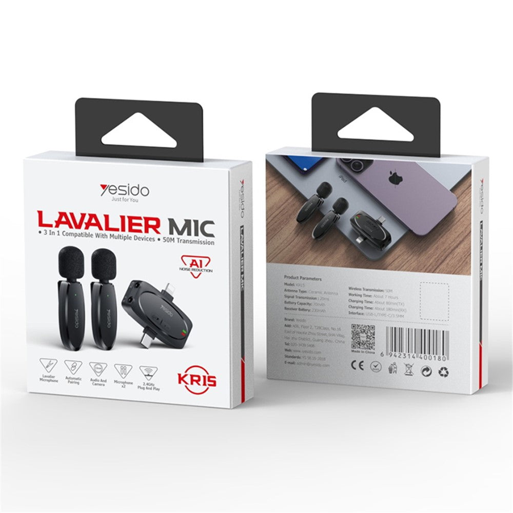 AI Noise Reduction Wireless Bluetooth Lavalier Microphone iPhone / Type-C / 3.5mm Receiver + 2 Transmitter Mic Set