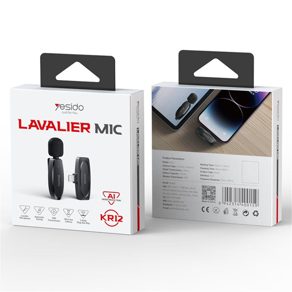AI Noise Reduction iPhone Lightning Wireless Lavalier Bluetooth Microphone, Recording Mic (1 Transmitter + 1 Receiver)